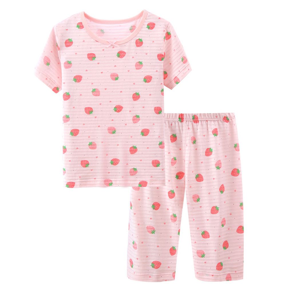 MAMDADKIDS - 竹節棉短袖套裝/家居服-滿園草莓-粉色
