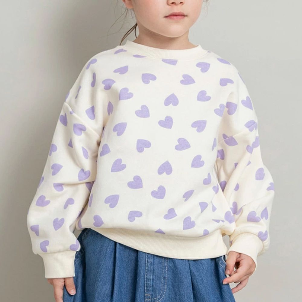 裏起毛 可愛女孩縮口長袖上衣-滿版愛心-白