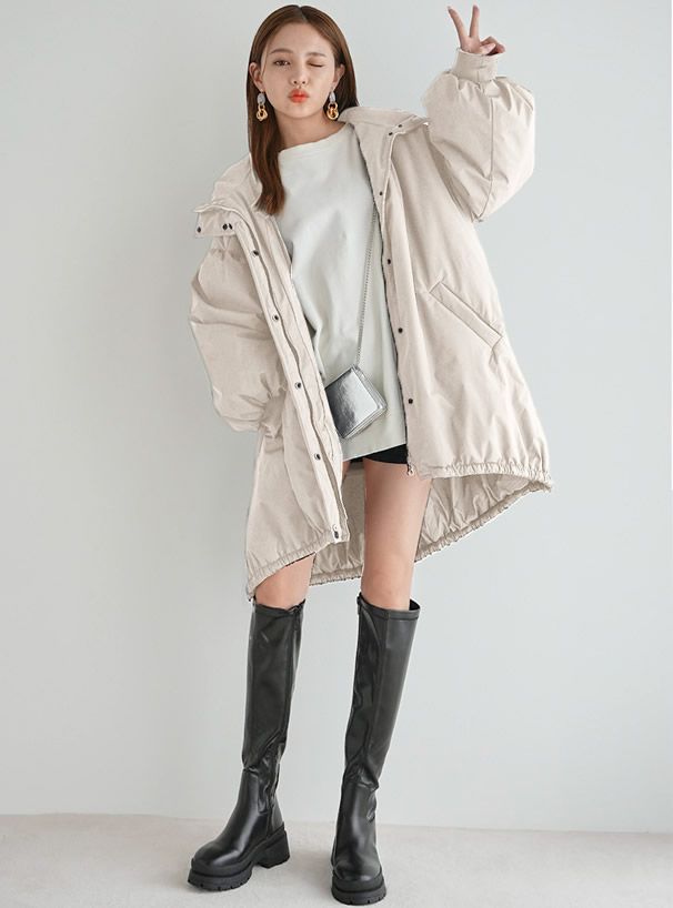 日本 GRL - 街頭感寬鬆鋪棉連帽外套-淺灰 (F)