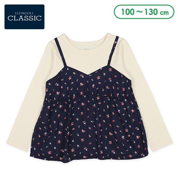 日本西松屋 - 異材質拼接假兩件長袖上衣-碎花-深藍