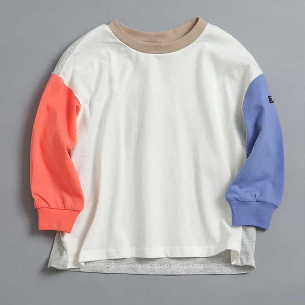 100%棉 定番款縮口長袖上衣-紅藍撞色袖-白