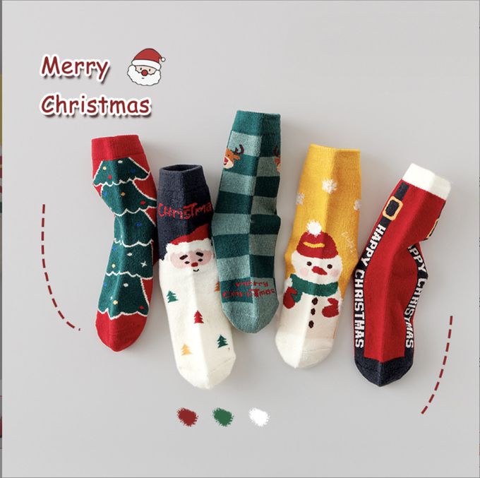 love, charlotte - 聖誕老公公聖誕樹雪人中筒棉襪(腳長11cm起)-5 雙一組