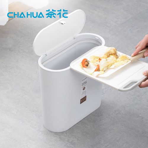 柯琳橢圓型按壓彈蓋式垃圾桶-10.8L-茶花白