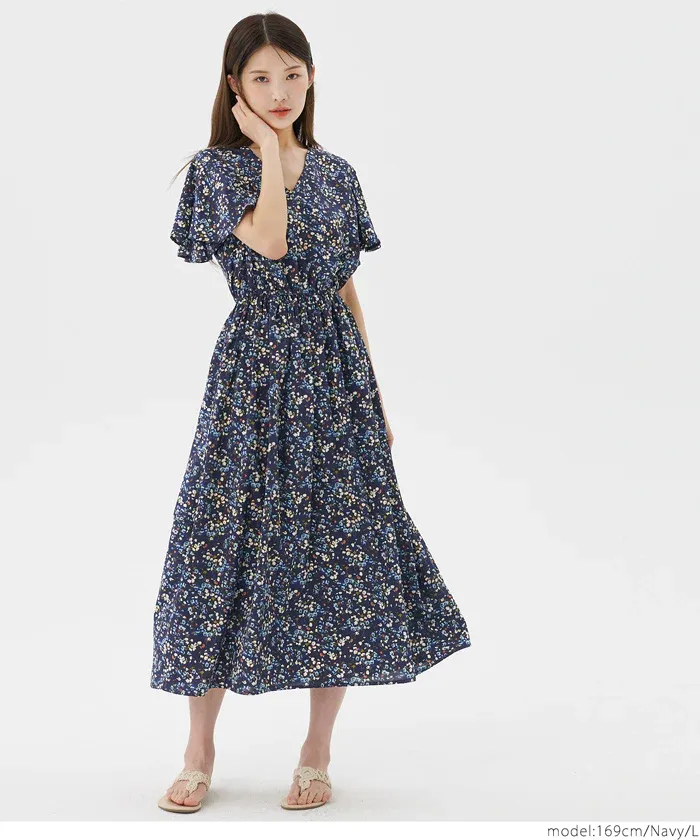 日本 COCA - 藍色的夢V領碎花洋裝-深藍
