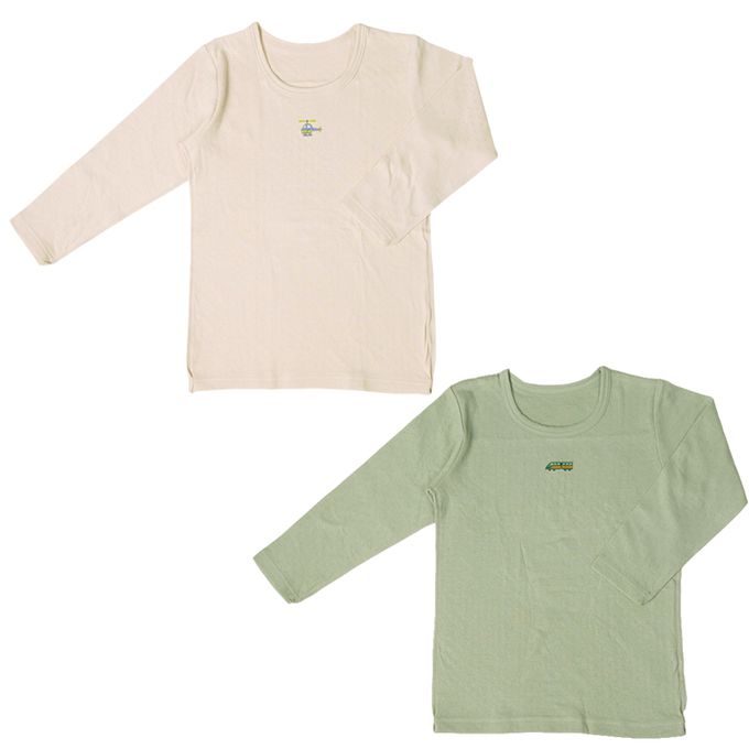 akachan honpo - 長袖圓領上衣2件組-蓬鬆棉 直升機&新幹線-綠色