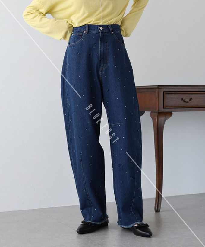 日本 BLUE EAST - 下襬流蘇閃耀愛心錐形美腳丹寧褲-淺藍