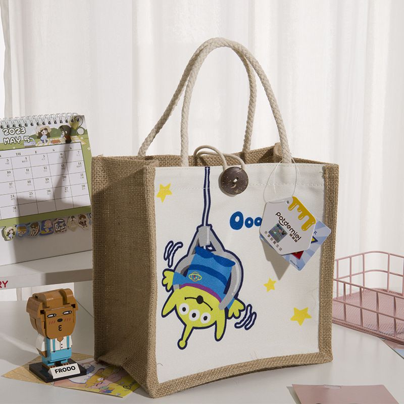 卡通大容量棉麻手提袋/便當袋-卡通人物史迪奇 (24x24x15cm)