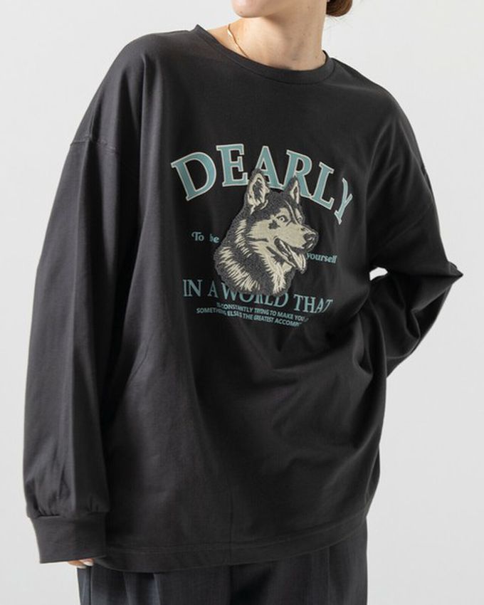 日本 gleam - 相良刺繡哈士奇印花帥氣長袖T恤-白