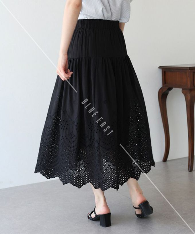 日本 BLUE EAST - 甜美雕花蕾絲下擺鬆緊長裙-白