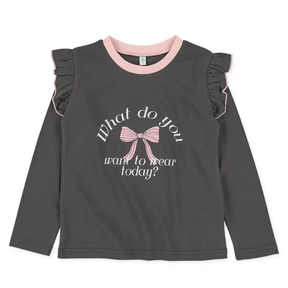 荷葉肩少女印花長袖上衣-蝴蝶結-灰x粉紅