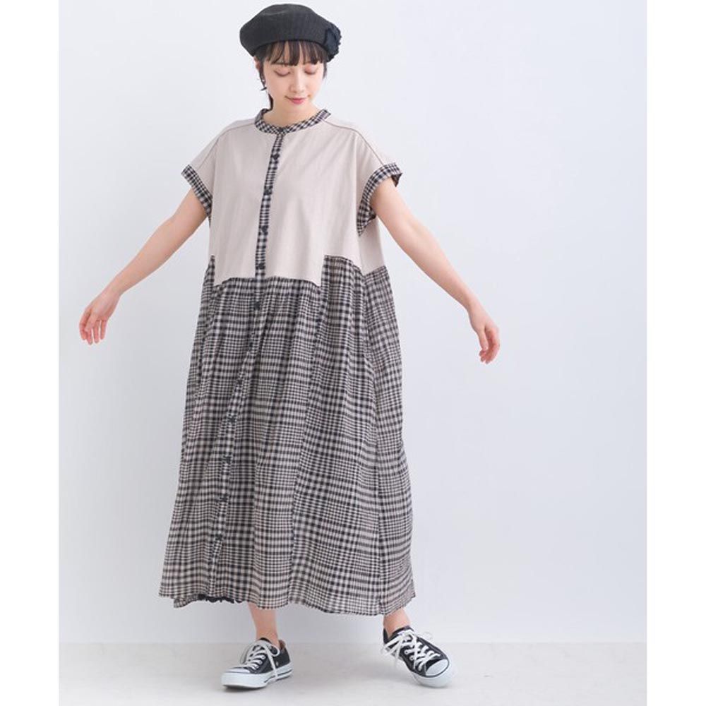 日本 Lupilien - 柔軟手感純棉排扣洋裝-格紋-黑灰