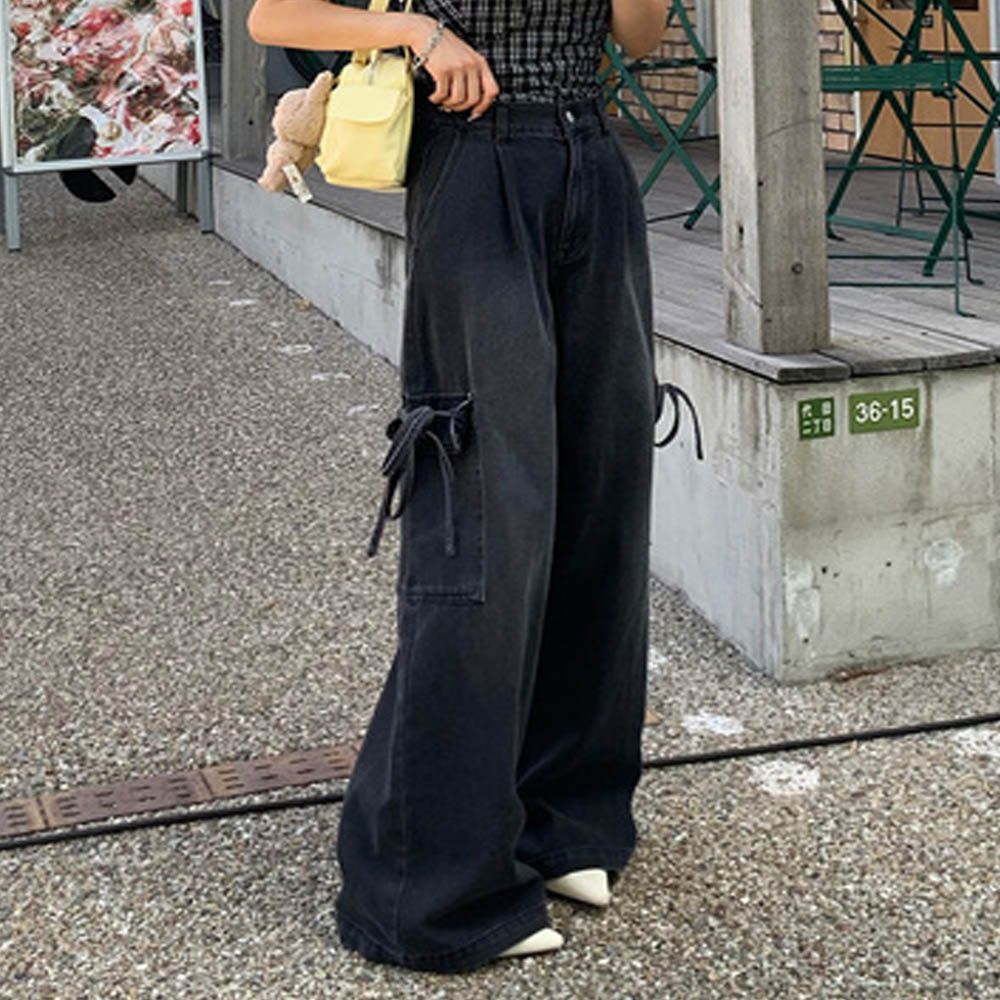 輕甜工裝風側綁帶寬版牛仔褲-黑