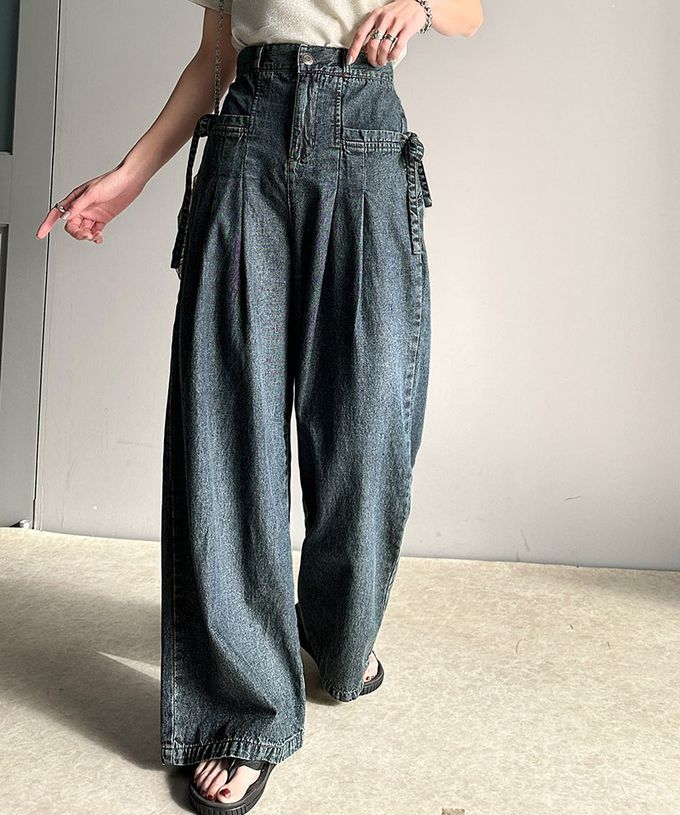 日本 Classical Elf - 側蝴蝶結純棉丹寧摺線寬褲-(環保材質)-淺藍