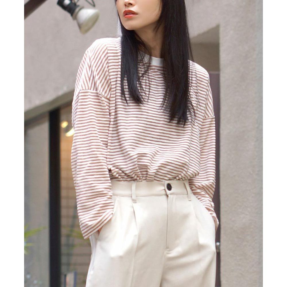 日本 zootie - 棉混薄透條紋長袖上衣-摩卡