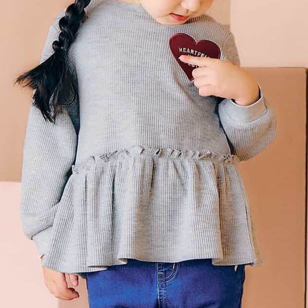 華夫格愛心貼布長袖上衣-灰