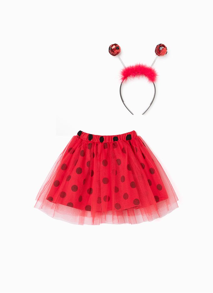 韓國 OZKIZ - (附髮箍)鬆緊腰瓢蟲點點網紗裙-紅X黑