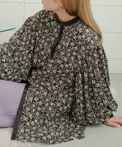 日本 Bou Jeloud - 森林碎花澎澎袖襯衫-摩卡