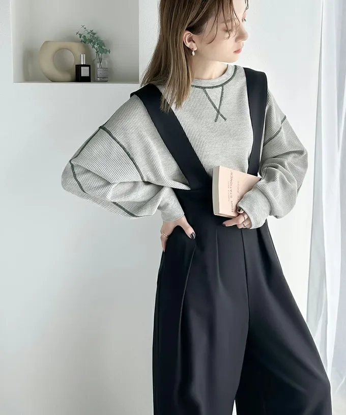 日本 Classical Elf - Java 華夫格車線薄長袖上衣-煙燻粉