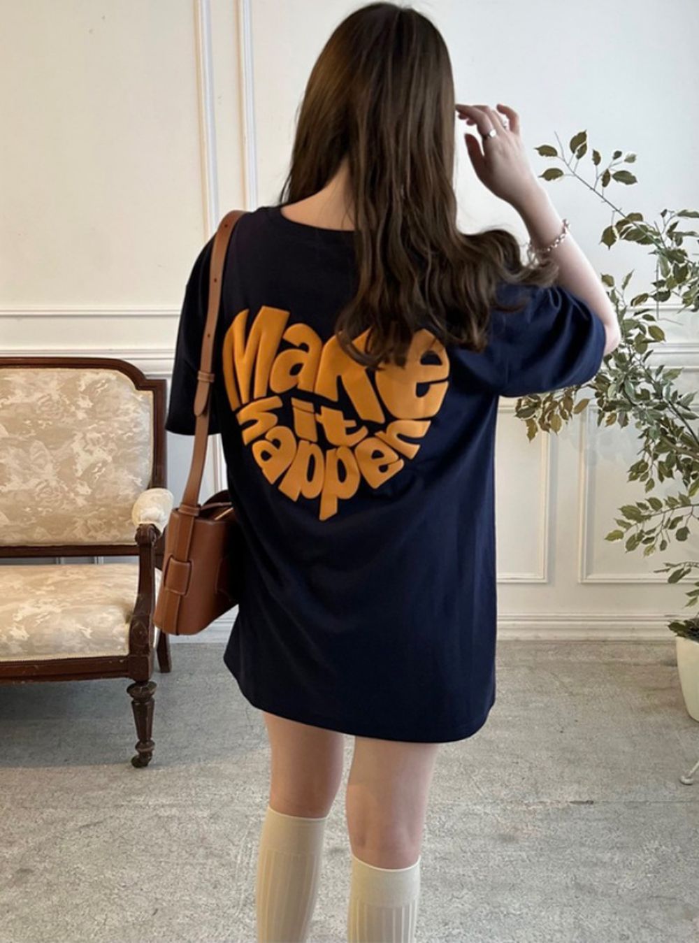 [人氣款]愛心英文印花長版短袖T恤-海軍藍 (F)