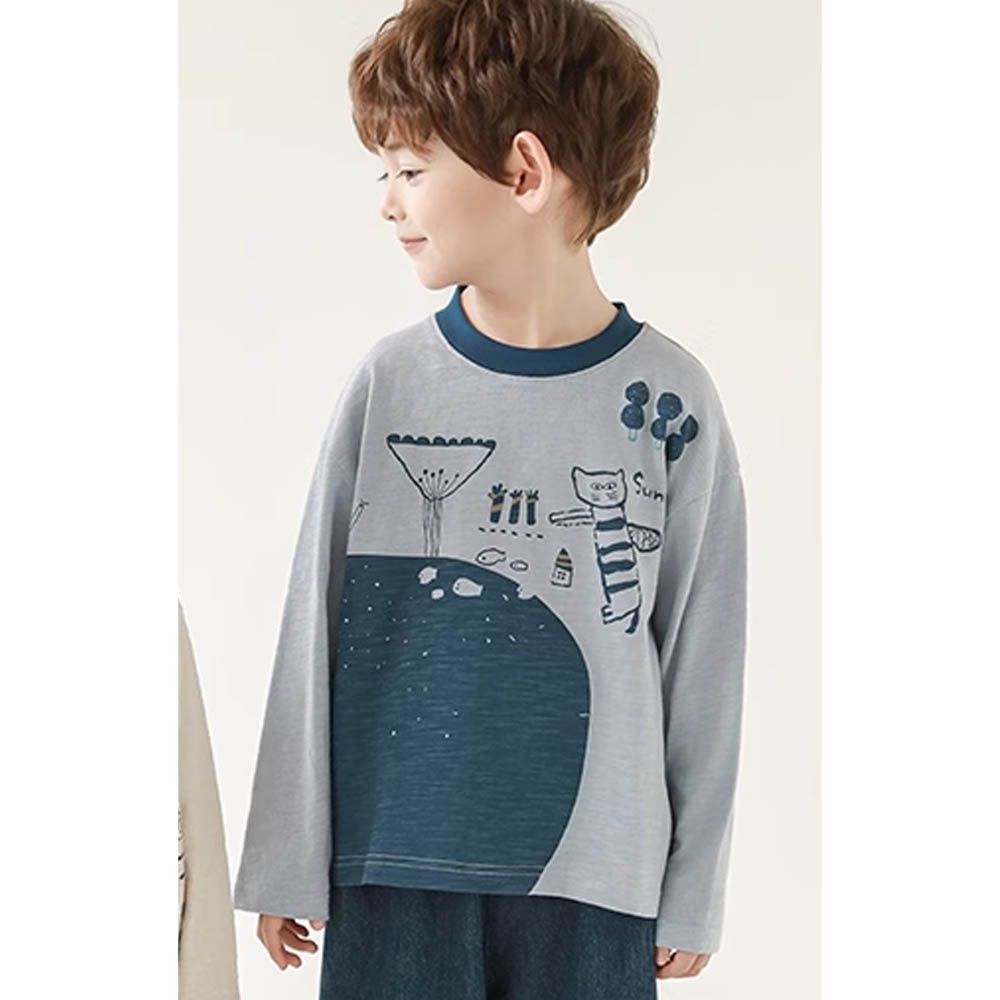 純棉竹節紋圓領落肩長袖上衣-藝術塗鴉-藍色