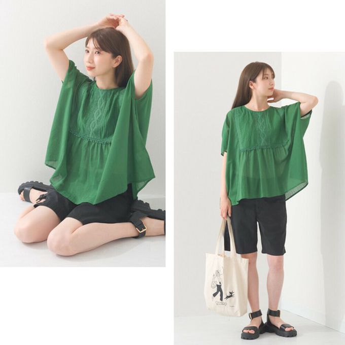 日本 OMNES - 印度棉 細節感輕透皺褶大寬袖上衣-卡其