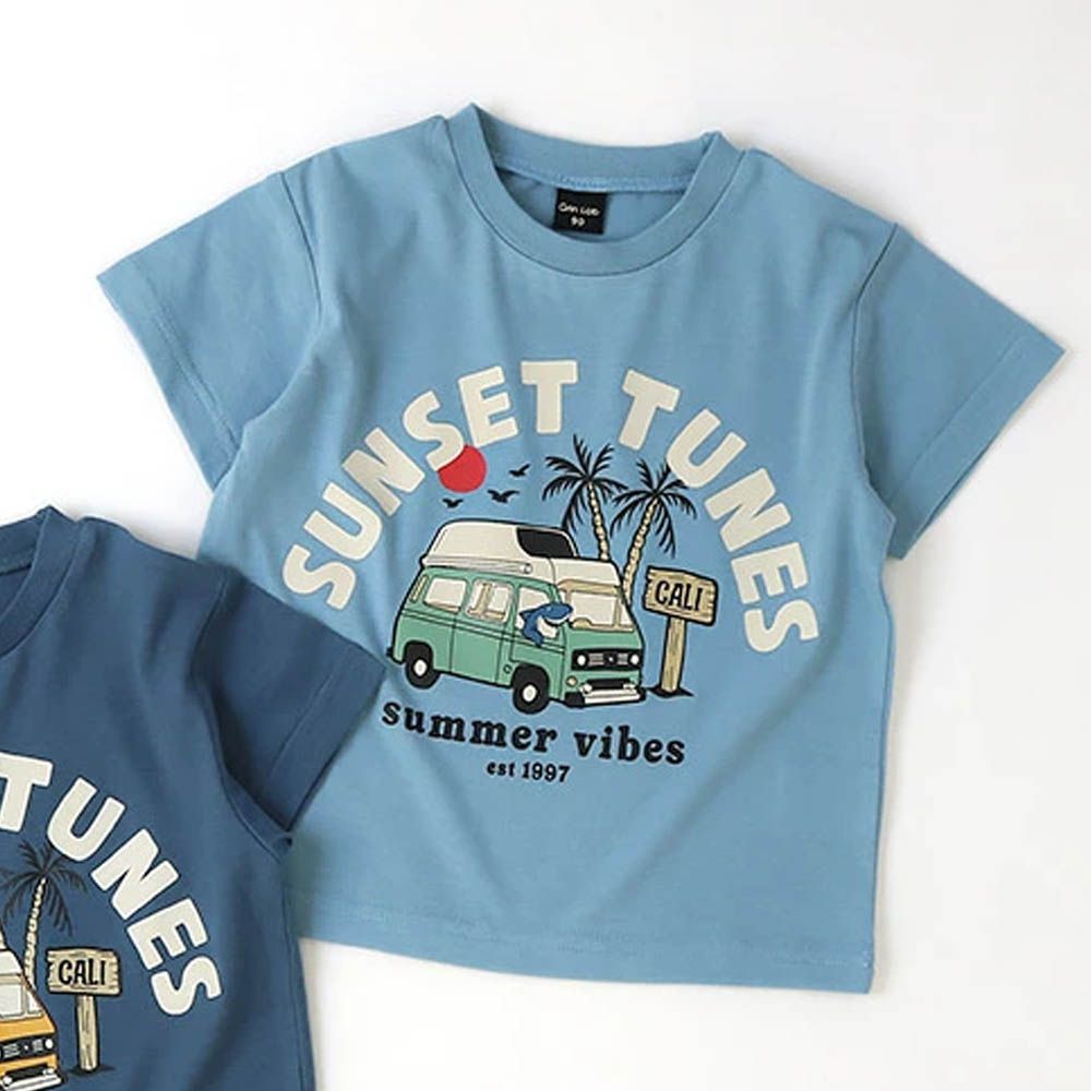 接觸冷感 透氣印花短袖上衣-露營車-水藍