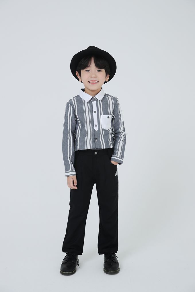 韓國 Coco Bang - 間隔條紋小口袋翻領長袖襯衫-灰