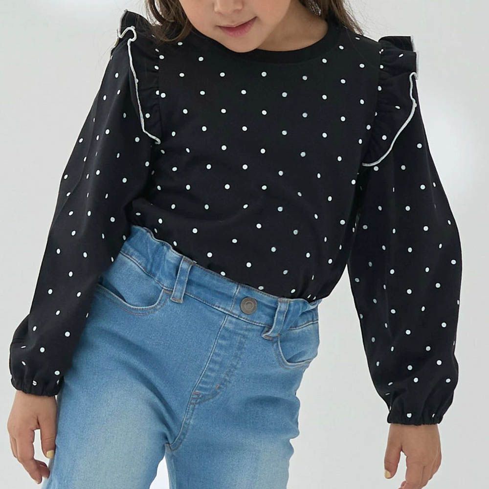 100%棉 浪漫荷葉肩滿版印花長袖上衣-點點-黑