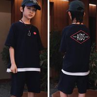 Y B S - 圓領短袖上衣+五分褲兩件式套裝-菱形布標-藏青