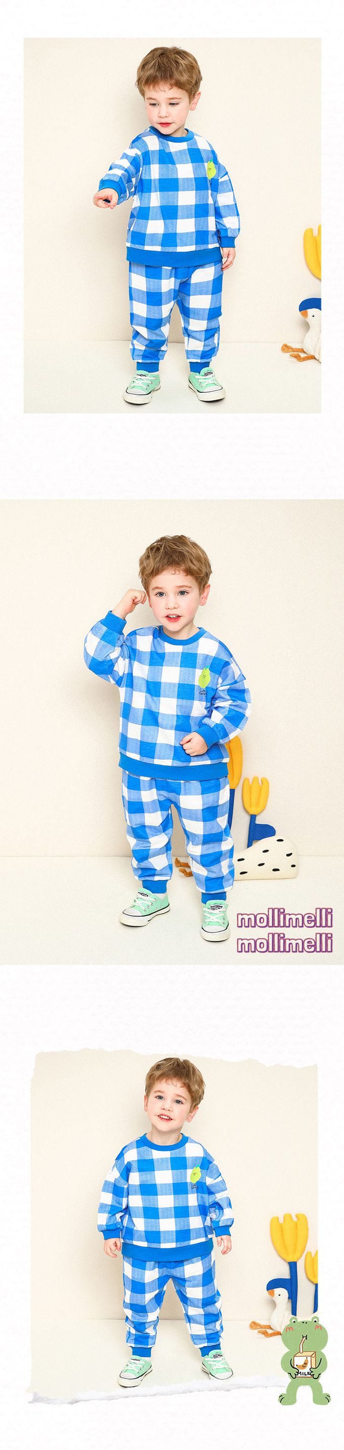 韓國 mollimelli - 水果印花大格紋長袖套裝-藍