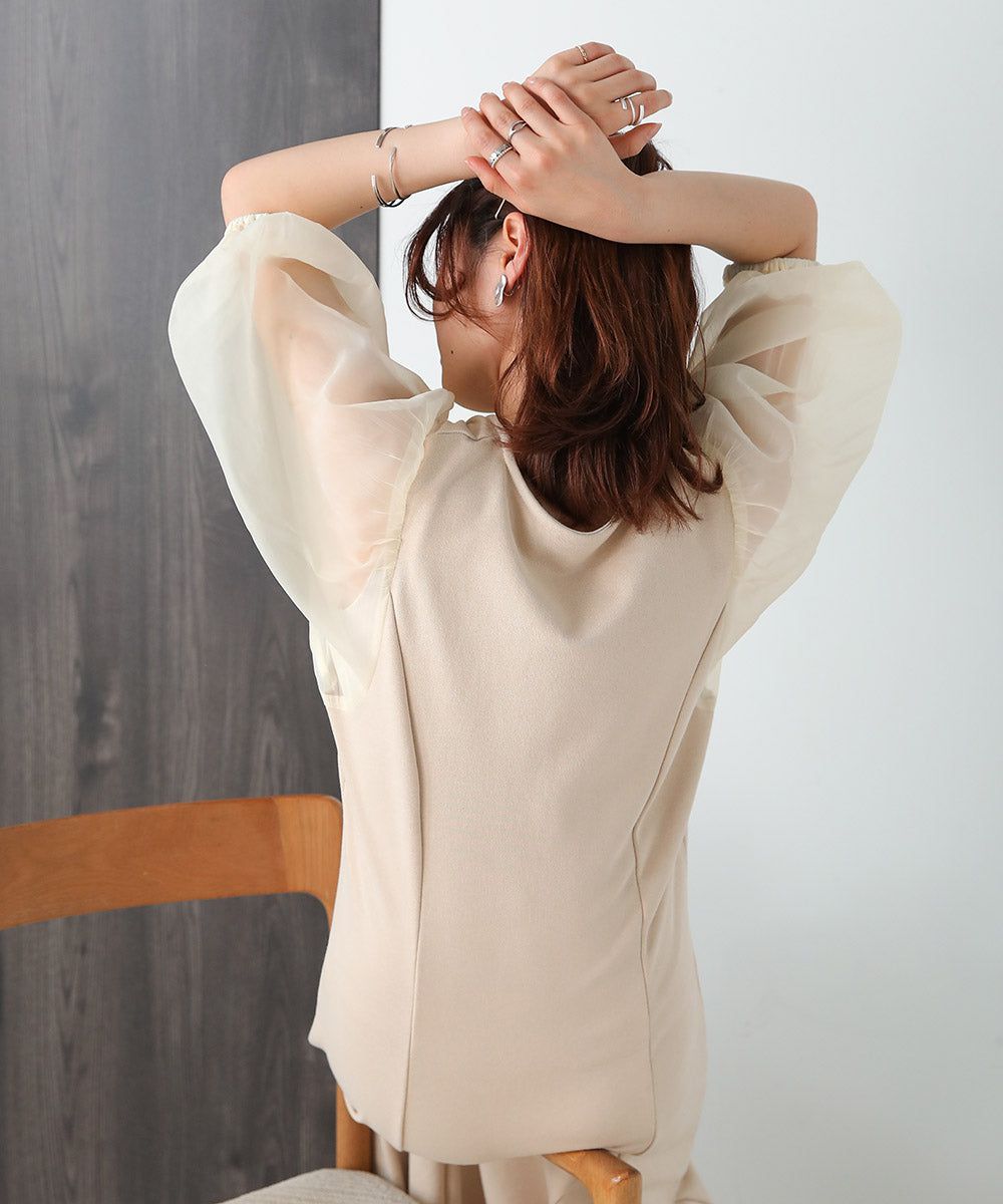 日本 Bab - 浪漫薄紗拼接泡泡袖洋裝-米杏