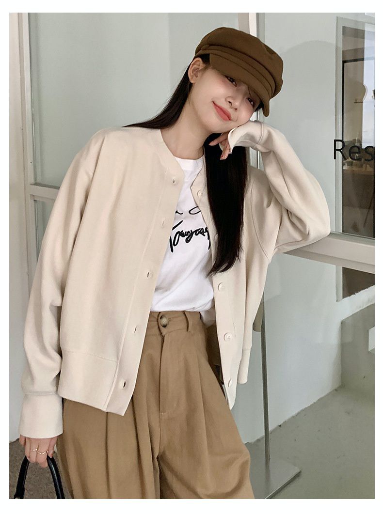 小香風圓領排釦開衫外套-灰色