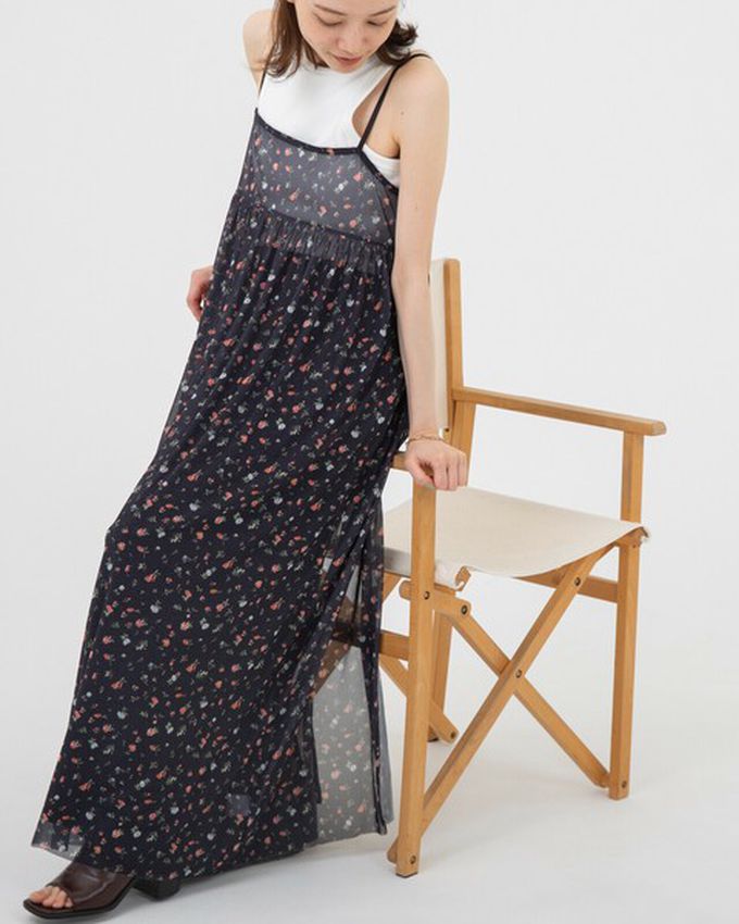 日本 gleam - 前後2way浪漫小花細肩帶薄紗洋裝-水藍