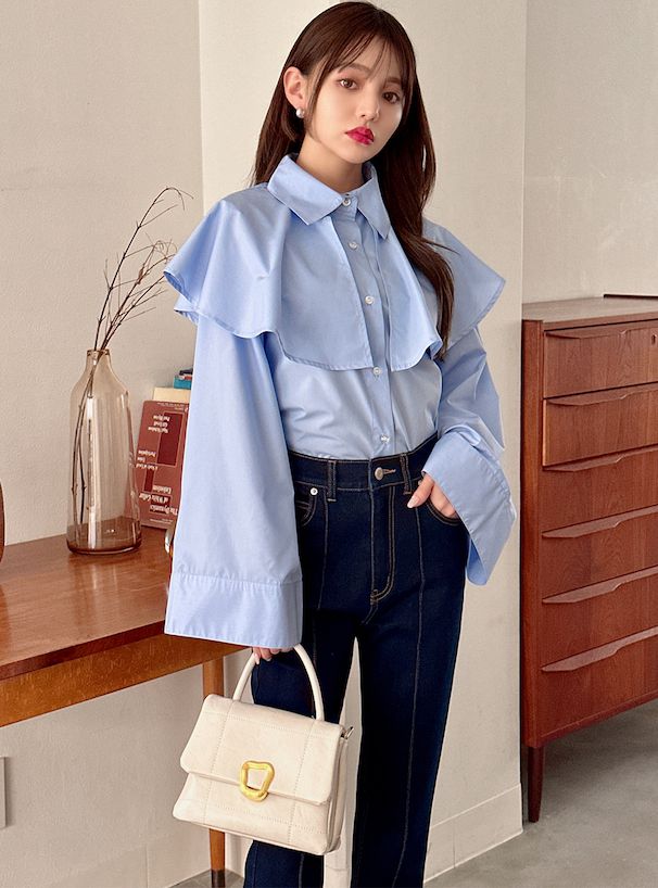 日本 GRL - 氣質大荷葉翻領寬袖襯衫-白 (F)