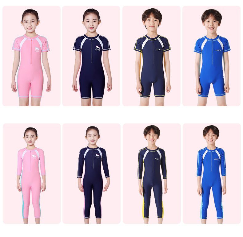 運動風女寶短袖連身泳裝-獨角獸-深藍色