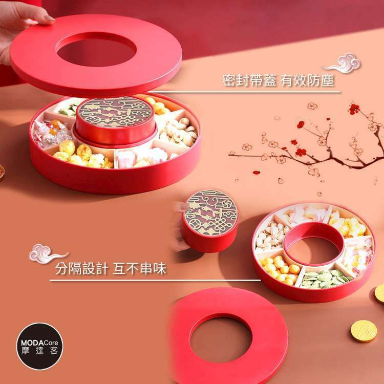 MODACore 摩達客 - 農曆春節◉開運大紅宮廷圓形精緻糖果盒水果盤聚寶盆