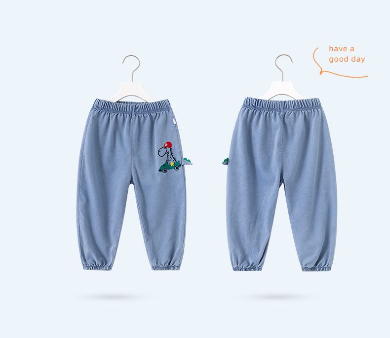 百搭牛仔束口長褲/防蚊褲-恐龍開車-牛仔藍