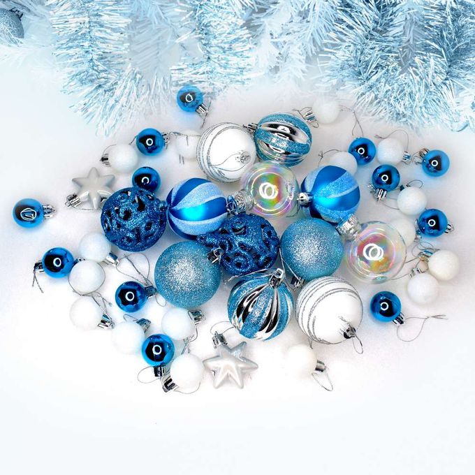MODACore 摩達客 - 30mm + 60mm造型彩繪球42入吊飾禮盒裝(16格)銀藍色系| 聖誕樹裝飾球飾掛飾