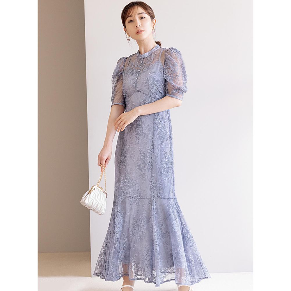日本 GRL - 聯名款 花朵蕾絲優雅泡泡袖洋裝-星塵藍