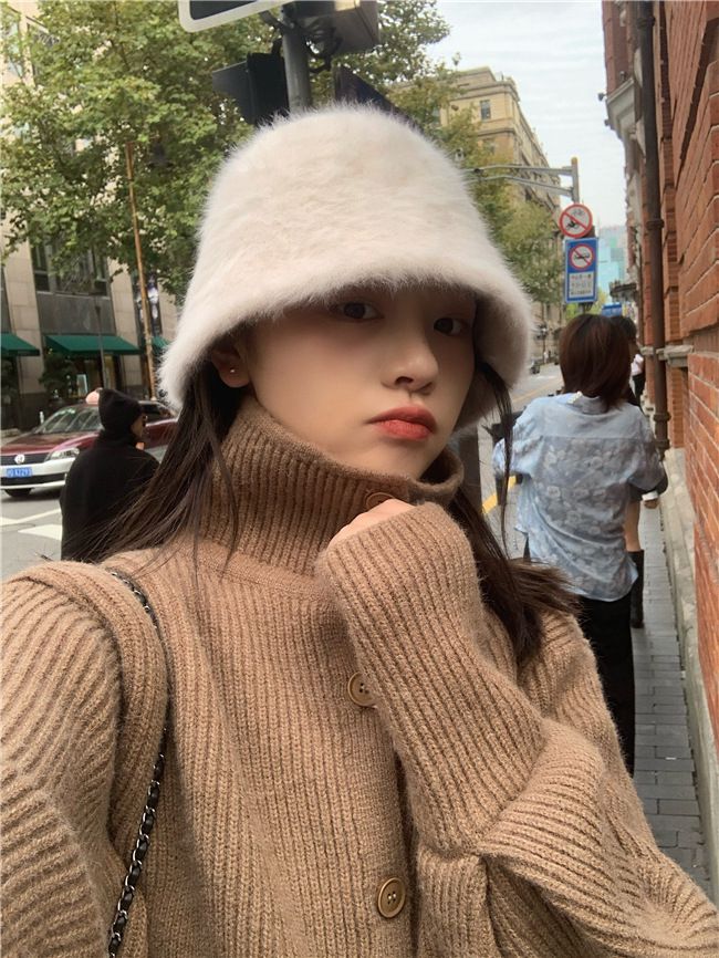 復古百搭絨毛漁夫帽-黑色 (M(56-58cm))