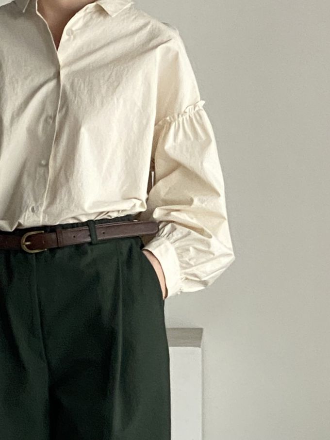 韓國女裝連線 - 極簡拼接翻領長袖襯衫-米杏 (FREE)