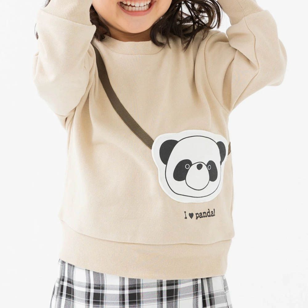 立體小包縮口長袖上衣-熊貓-卡其杏