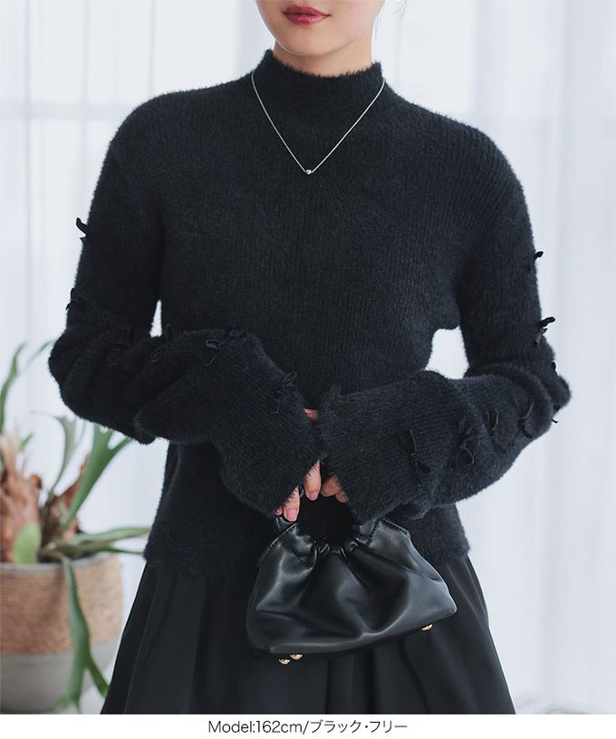 日本 Kobe Lettuce - 甜美緞帶袖毛海感小立領毛衣-白