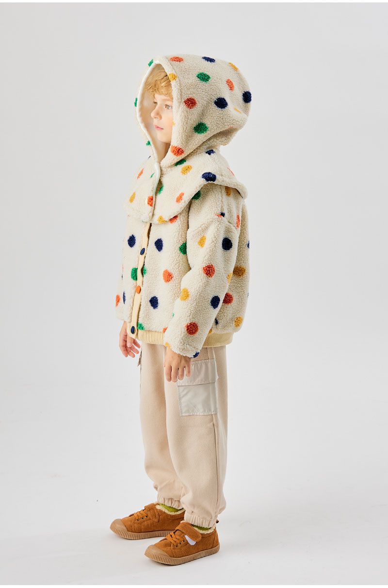 韓國 OZKIZ - (附帽子)彩點毛絨絎縫內裡保暖外套-卡其