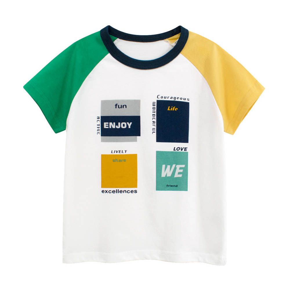 純棉短袖上衣-色塊標語-拼色白