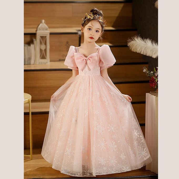 粉色夢幻系亮片繡花蝴蝶結泡泡袖婚紗長禮服