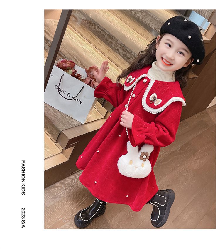 加絨不規則翻領氣質長袖連身洋裝-蝴蝶結-紅色