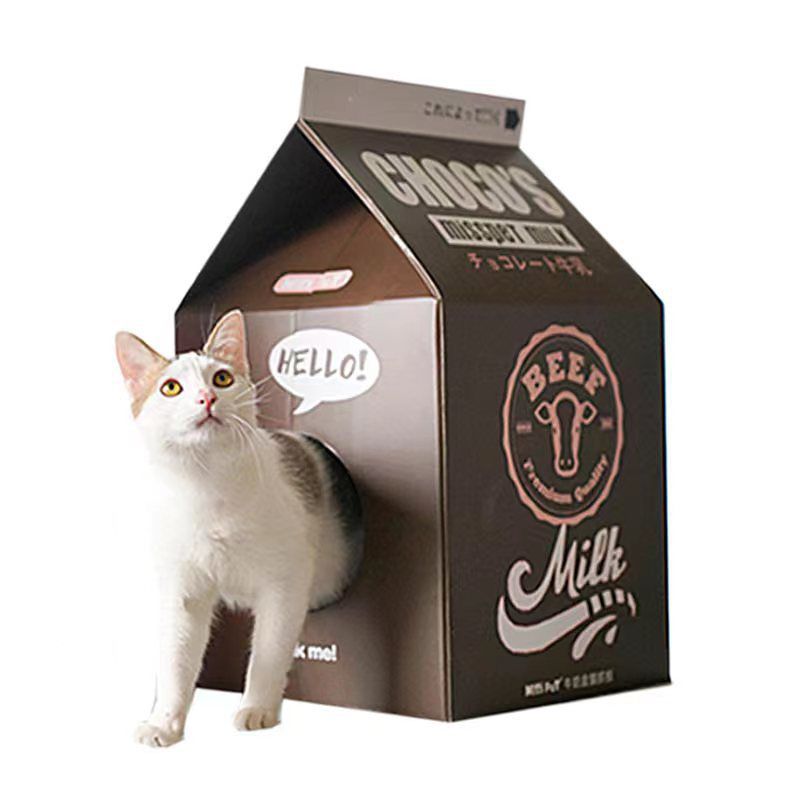 瓦愣紙製造型貓抓屋-草莓牛奶盒-粉色 (38.7x32x32.5cm)