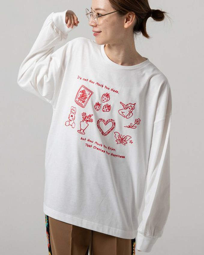 日本 gleam - 甜蜜刺繡印花休閒寬版長袖T恤-白