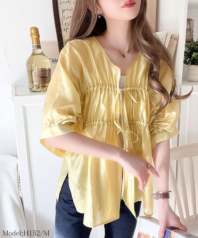 日本 Classical Elf - 前後2way皺折綁帶輕透罩衫上衣-黃
